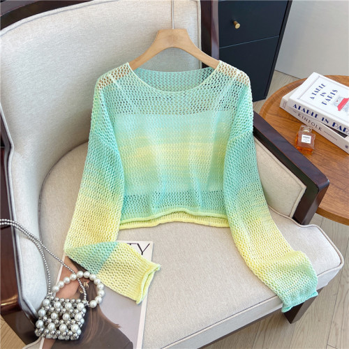 專櫃撤廻剪標多巴胺鏤空長袖針織上衣女夏季新款寬鬆圓領防曬罩衫