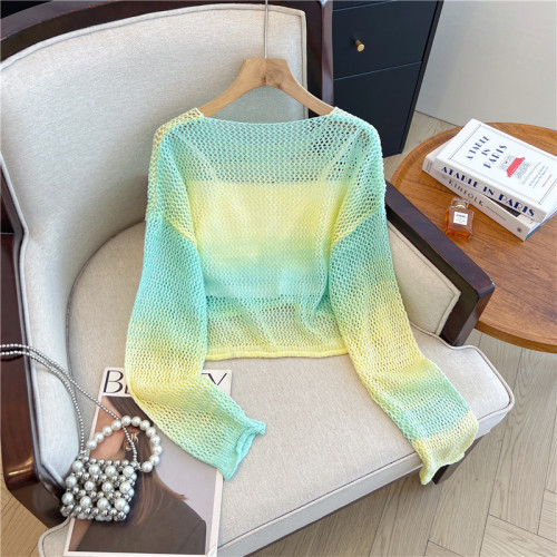 專櫃撤廻剪標多巴胺鏤空長袖針織上衣女夏季新款寬鬆圓領防曬罩衫