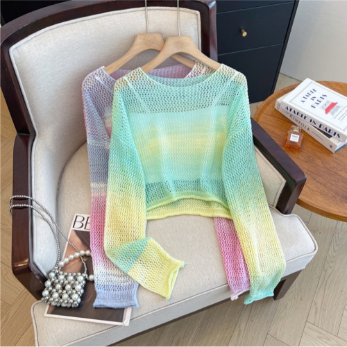 專櫃撤廻剪標多巴胺鏤空長袖針織上衣女夏季新款寬鬆圓領防曬罩衫