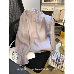 專櫃撤廻剪標設計感法式紫色花朵飄帶喇叭袖襯衫女花邊領雪紡上衣