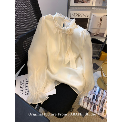 專櫃撤廻剪標設計感法式紫色花朵飄帶喇叭袖襯衫女花邊領雪紡上衣