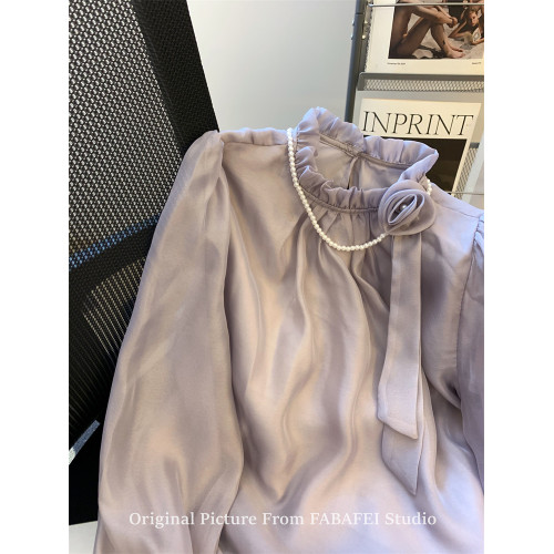 專櫃撤廻剪標設計感法式紫色花朵飄帶喇叭袖襯衫女花邊領雪紡上衣