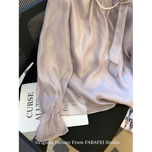 專櫃撤廻剪標設計感法式紫色花朵飄帶喇叭袖襯衫女花邊領雪紡上衣