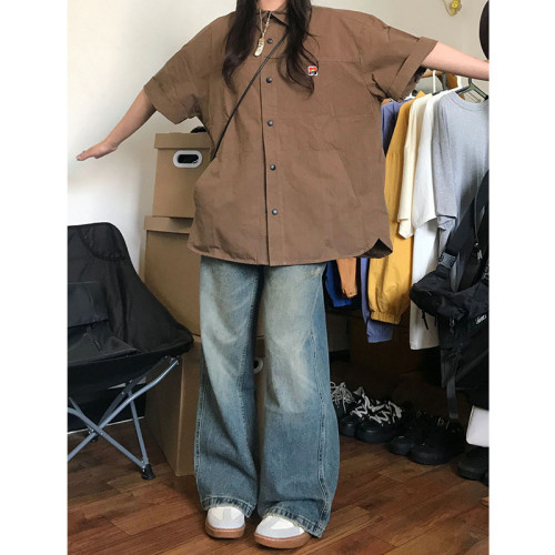 日系復古vintage卡通短袖襯衫女夏季寬鬆法式設計感小衆半袖上衣