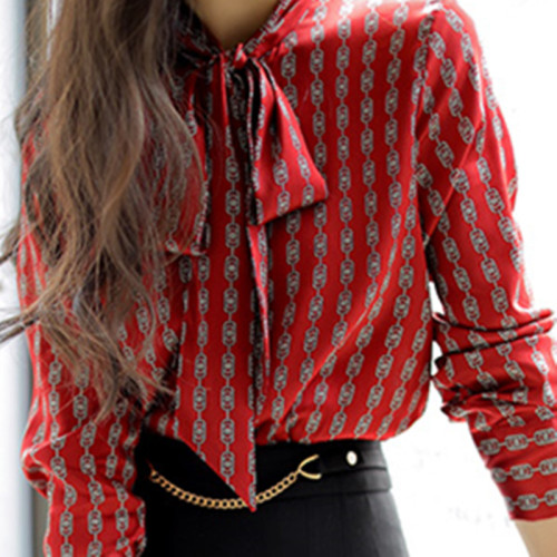 出口意大利一線品牌專櫃原單大氣優雅鏈條圖案長袖飄帶襯衫女