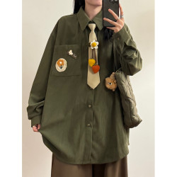 UATONLINE春秋日系復古文藝風寬鬆純色燈芯絨休閒長袖襯衫上衣女