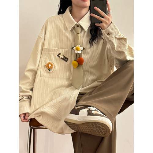 UATONLINE春秋日系復古文藝風寬鬆純色燈芯絨休閒長袖襯衫上衣女