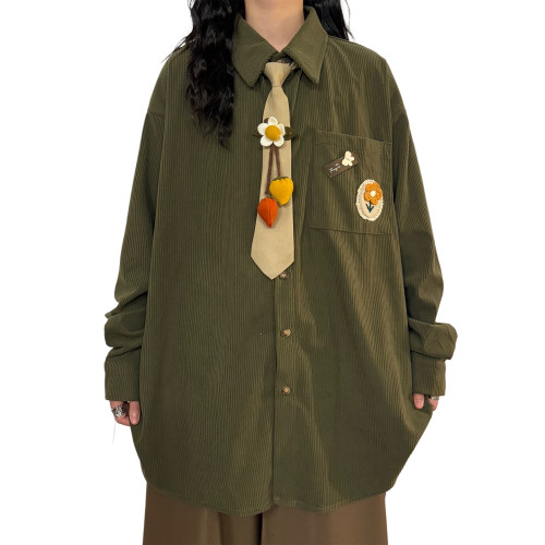 UATONLINE春秋日系復古文藝風寬鬆純色燈芯絨休閒長袖襯衫上衣女