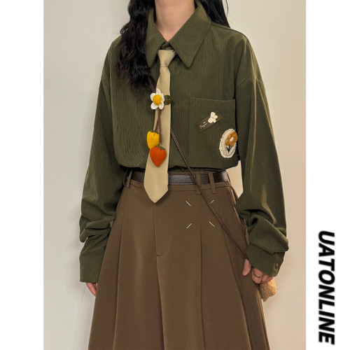 UATONLINE春秋日系復古文藝風寬鬆純色燈芯絨休閒長袖襯衫上衣女