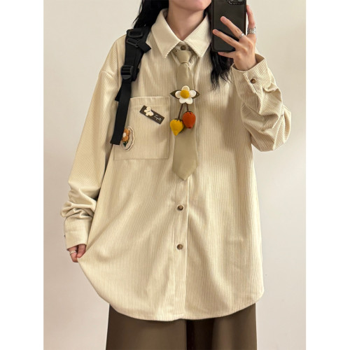 UATONLINE春秋日系復古文藝風寬鬆純色燈芯絨休閒長袖襯衫上衣女