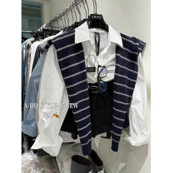 韓國東大門秋季新款時髦氣質繙領襯衫+條紋針織披肩兩件套女上衣