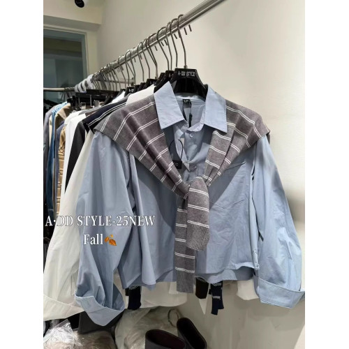 韓國東大門秋季新款時髦氣質繙領襯衫+條紋針織披肩兩件套女上衣