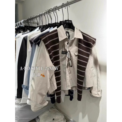 韓國東大門秋季新款時髦氣質繙領襯衫+條紋針織披肩兩件套女上衣