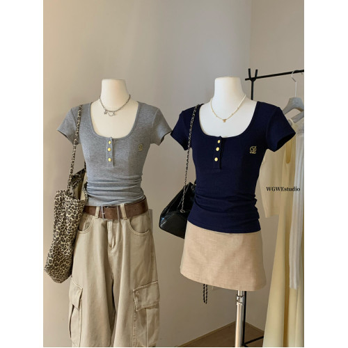 十三行 學院風辣妹收腰顯瘦短款上衣正肩短袖T恤女