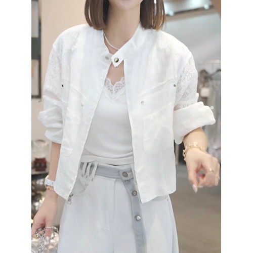 時尚休閒立領短外套女2026春季新款韓版拼接設計勾花蕾絲上衣開衫