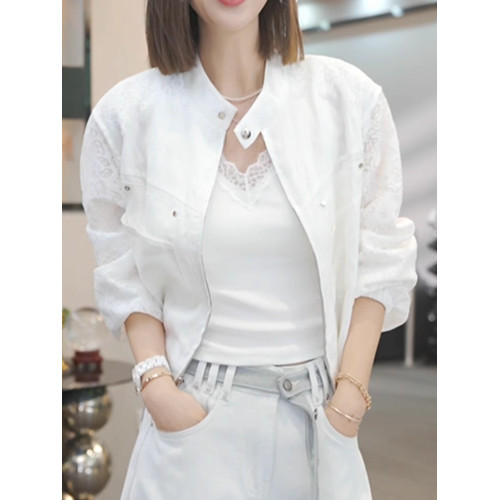 時尚休閒立領短外套女2026春季新款韓版拼接設計勾花蕾絲上衣開衫