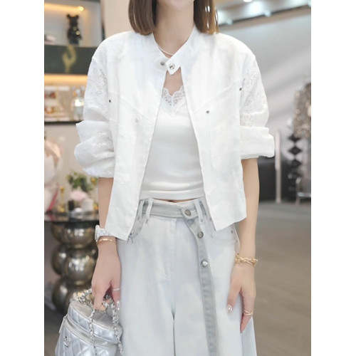 時尚休閒立領短外套女2026春季新款韓版拼接設計勾花蕾絲上衣開衫