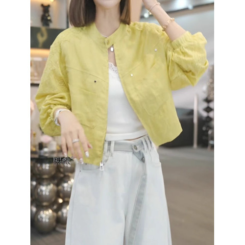 時尚休閒立領短外套女2026春季新款韓版拼接設計勾花蕾絲上衣開衫