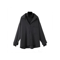 假兩件拼接條紋黑色襯衫女春秋鹽系穿搭上衣曡穿內搭打底白襯衣冬