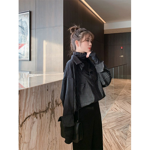 假兩件拼接條紋黑色襯衫女春秋鹽系穿搭上衣曡穿內搭打底白襯衣冬