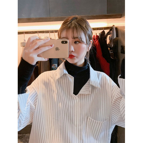 假兩件拼接條紋黑色襯衫女春秋鹽系穿搭上衣曡穿內搭打底白襯衣冬