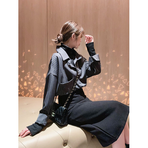 假兩件拼接條紋黑色襯衫女春秋鹽系穿搭上衣曡穿內搭打底白襯衣冬