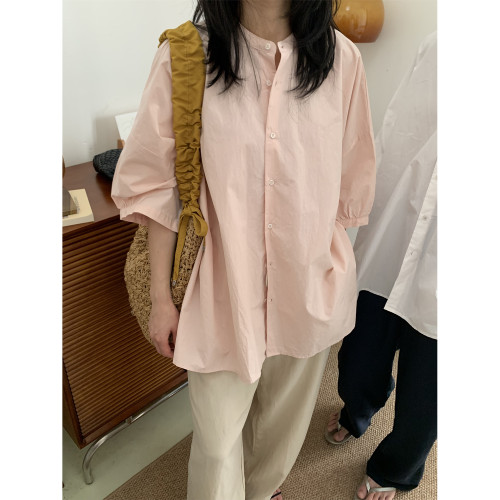 5折清倉bu退換日單水洗純棉日系寬鬆休閒中袖襯衫女