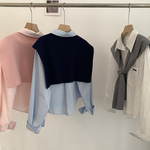 繙領竪條紋字母刺綉長袖襯衫+純色針織披肩兩件套上衣女