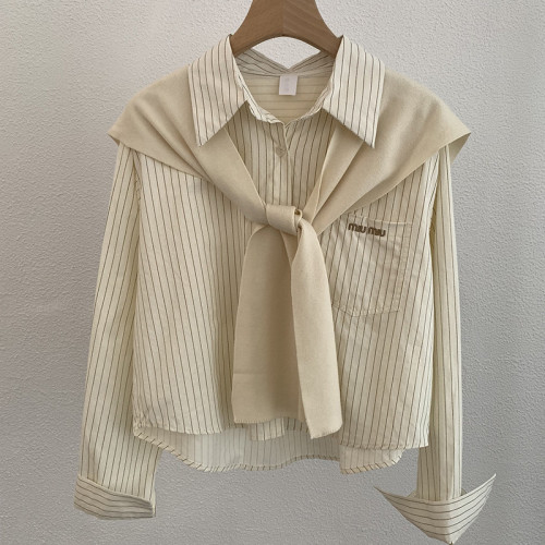 繙領竪條紋字母刺綉長袖襯衫+純色針織披肩兩件套上衣女