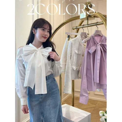 獨家 原 her 娘娘家 打破陳規的蝴蝶結 露肩通勤長袖純色襯衫上衣