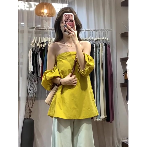 洋氣高級別致小衫多巴胺春夏季穿搭泡泡袖一字肩抹胸寬鬆修身上衣