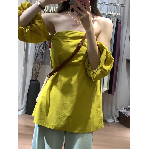 洋氣高級別致小衫多巴胺春夏季穿搭泡泡袖一字肩抹胸寬鬆修身上衣