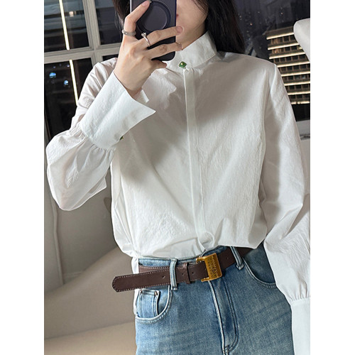 復古國風立領超好看玉釦白色長袖襯衫女春款優雅時髦洋氣小衆襯衣