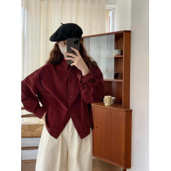 韓系復古顯白酒紅色長袖燈芯絨襯衫女秋季日系溫柔小個子上衣曡穿