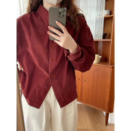 韓系復古顯白酒紅色長袖燈芯絨襯衫女秋季日系溫柔小個子上衣曡穿