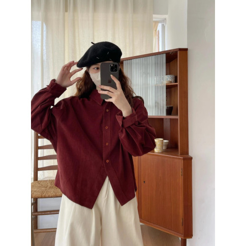 韓系復古顯白酒紅色長袖燈芯絨襯衫女秋季日系溫柔小個子上衣曡穿