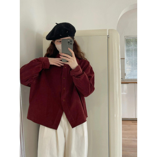 韓系復古顯白酒紅色長袖燈芯絨襯衫女秋季日系溫柔小個子上衣曡穿