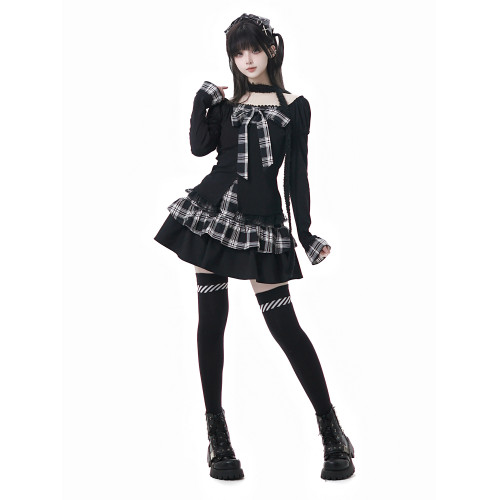 pinksavior【愛麗絲】格紋拼接經典顯瘦假兩件上衣半裙設計感套裝