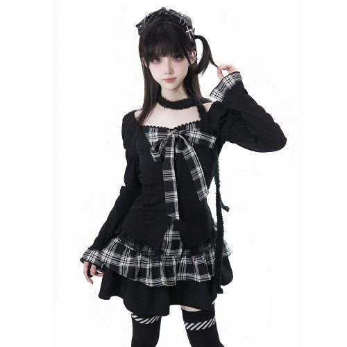 pinksavior【愛麗絲】格紋拼接經典顯瘦假兩件上衣半裙設計感套裝