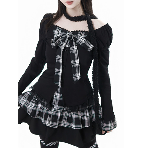 pinksavior【愛麗絲】格紋拼接經典顯瘦假兩件上衣半裙設計感套裝