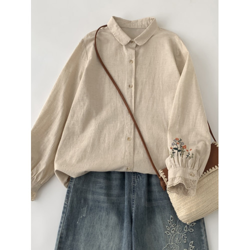 復古蕾絲刺綉棉麻長袖襯衫女春秋新款寬鬆曡穿外搭襯衣減齡上衣潮