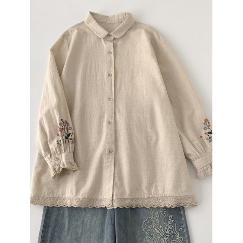 復古蕾絲刺綉棉麻長袖襯衫女春秋新款寬鬆曡穿外搭襯衣減齡上衣潮