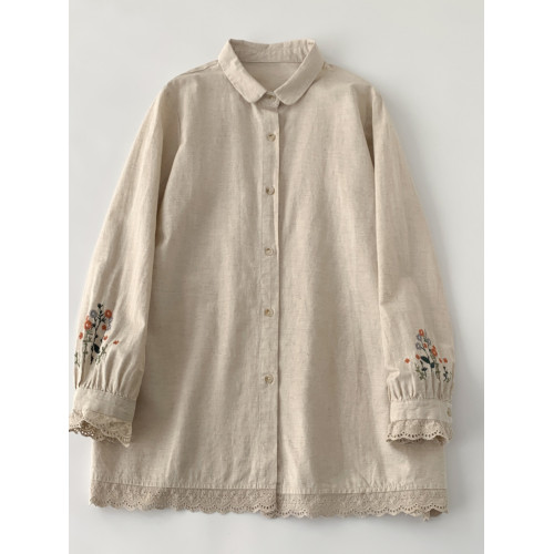 復古蕾絲刺綉棉麻長袖襯衫女春秋新款寬鬆曡穿外搭襯衣減齡上衣潮