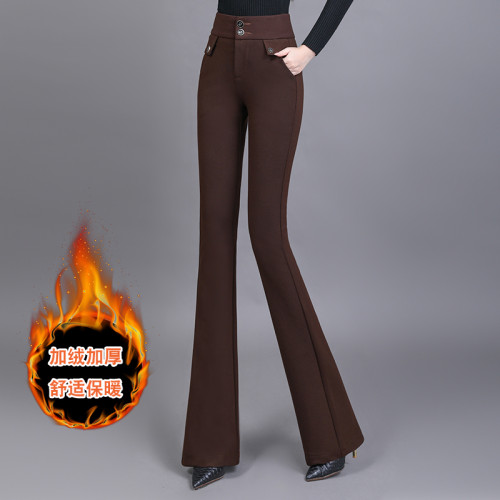 高腰喇叭褲棕色女微喇褲2023年春夏經典咖色韓版時尚搞皺顯瘦女褲