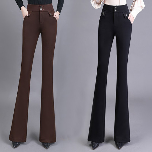 高腰喇叭褲棕色女微喇褲2023年春夏經典咖色韓版時尚搞皺顯瘦女褲