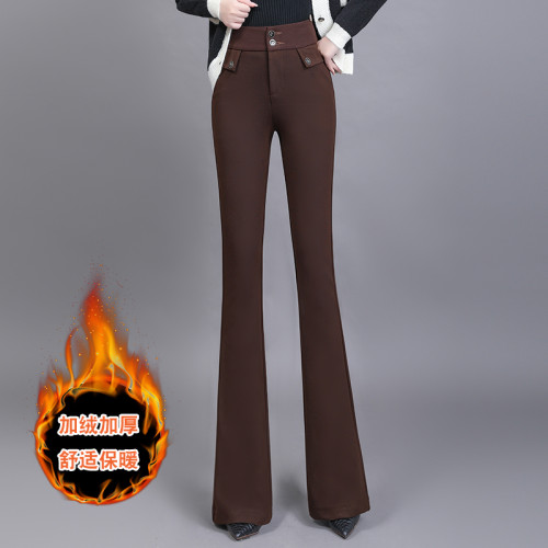 高腰喇叭褲棕色女微喇褲2023年春夏經典咖色韓版時尚搞皺顯瘦女褲