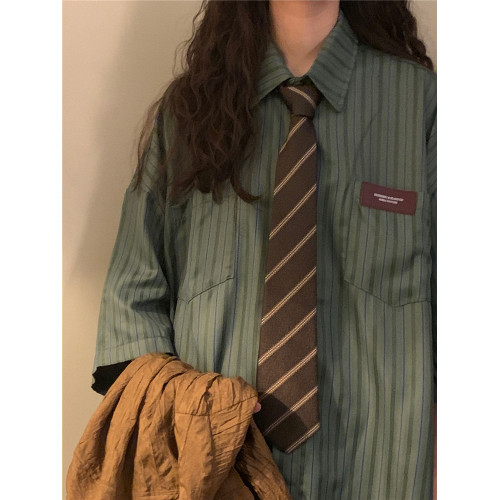 美式復古寬鬆學院風2025夏季設計感小衆短袖條紋襯衫女慵懶風上衣