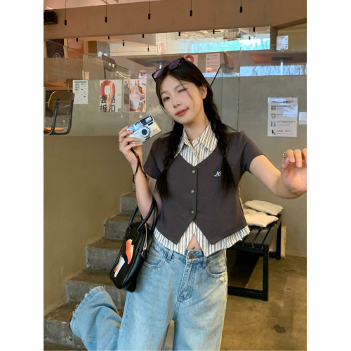 大碼美式學院風條紋短袖襯衫女夏季假兩件襯衣胖mm顯瘦Polo領上衣