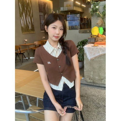 大碼美式學院風條紋短袖襯衫女夏季假兩件襯衣胖mm顯瘦Polo領上衣