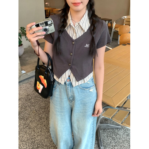 大碼美式學院風條紋短袖襯衫女夏季假兩件襯衣胖mm顯瘦Polo領上衣